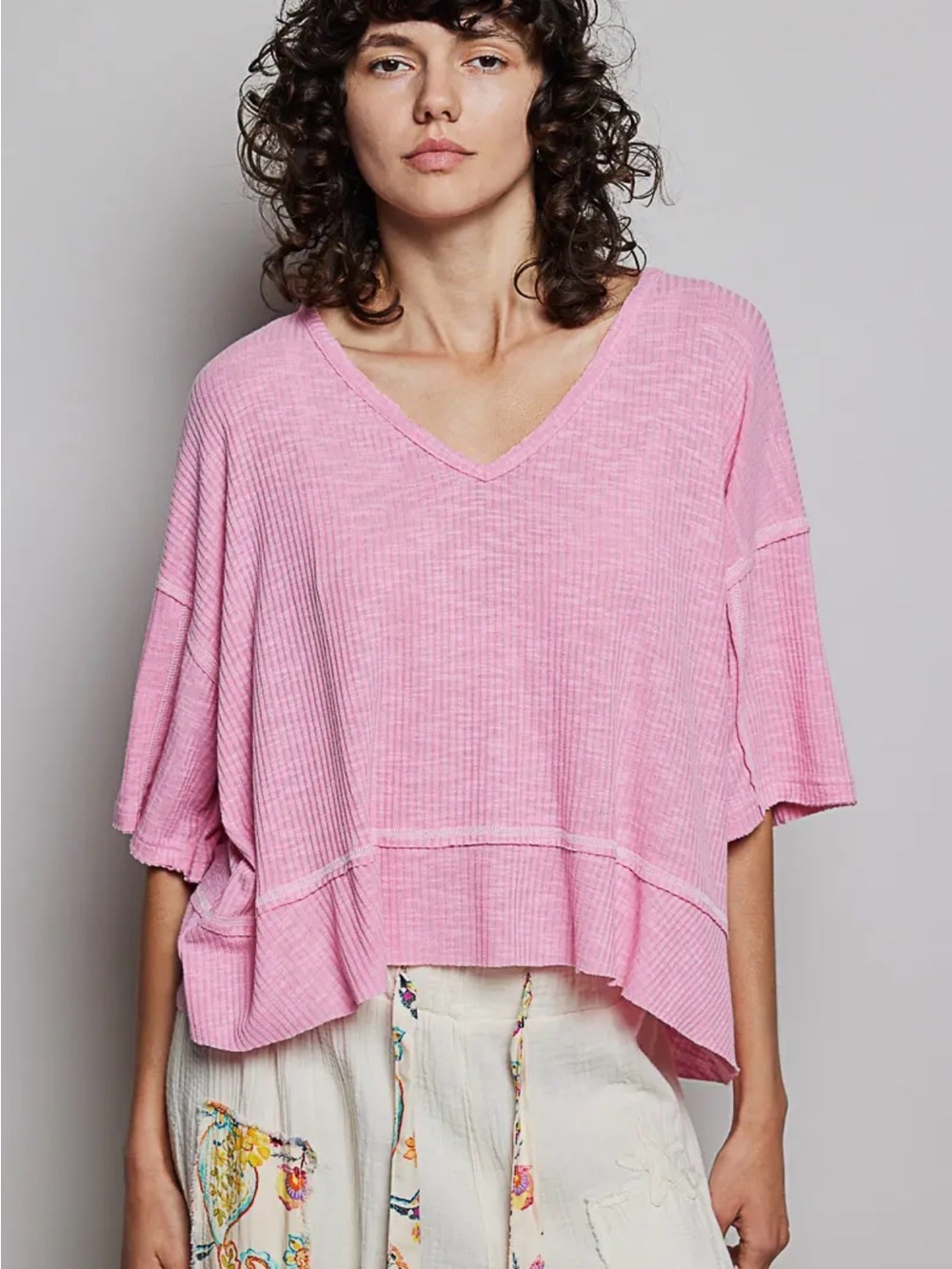 POL Pink Ribbed V-Neck Boxy Short Sleeve Top
